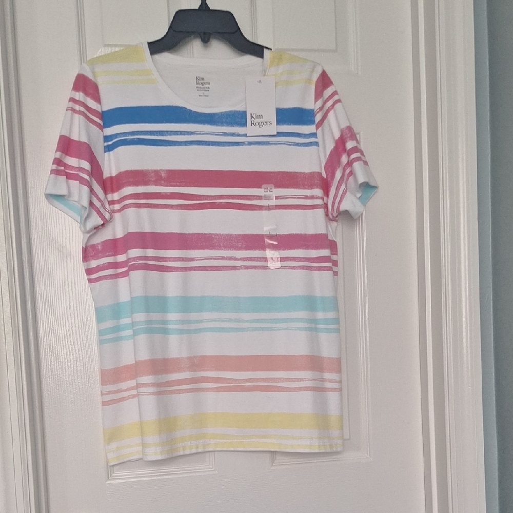 Kim Rogers Pink and Blue Short Sleeve Tee. NWT. Size L